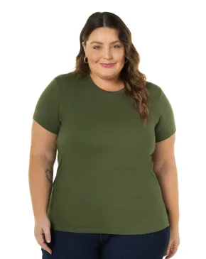 Camiseta Feminina Plus Size de Algodão Verde Militar