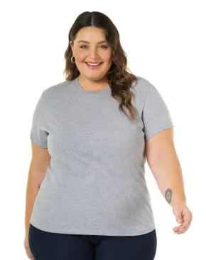 Camiseta Feminina Plus Size de Algodão Cinza Mescla