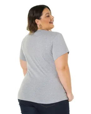 Camiseta Feminina Plus Size de Algodão Cinza Mescla