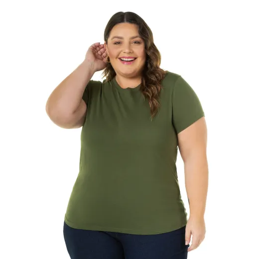 Camiseta Feminina Plus Size de Algodão Verde Militar