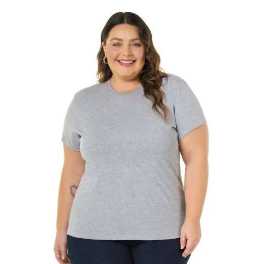 Camiseta Feminina Plus Size de Algodão Cinza Mescla