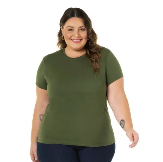 Camiseta Feminina Plus Size de Algodão Verde Militar