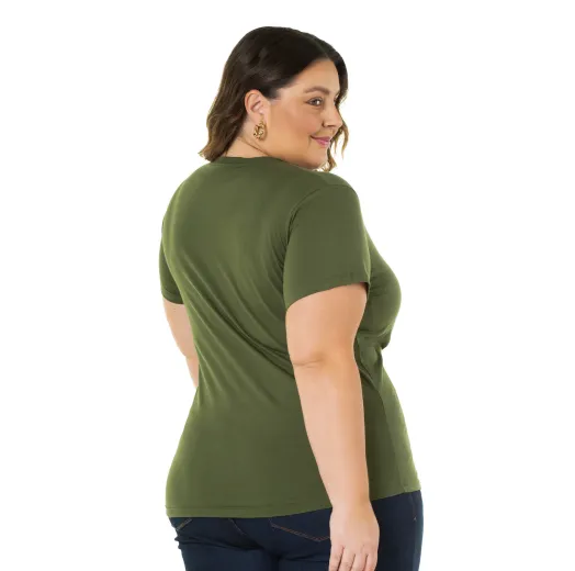 Camiseta Feminina Plus Size de Algodão Verde Militar