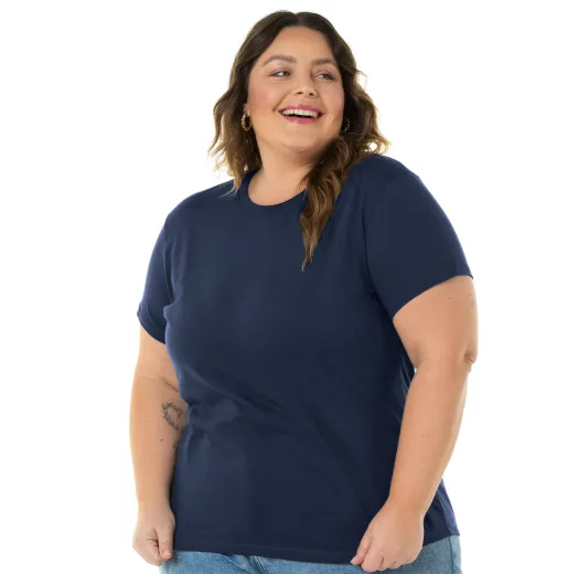 Camiseta Feminina Plus Size de Algodão Azul Marinho