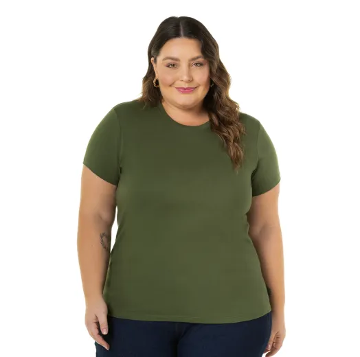 Camiseta Feminina Plus Size de Algodão Verde Militar