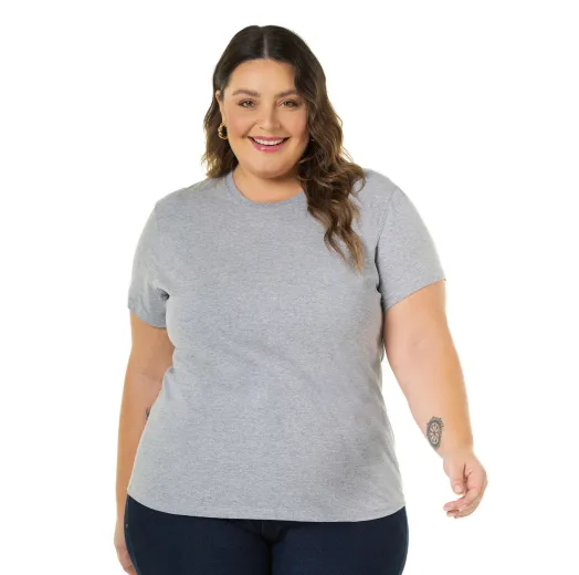 Camiseta Feminina Plus Size de Algodão Cinza Mescla