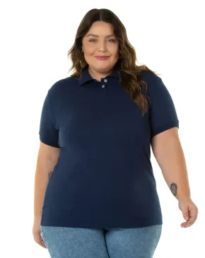 Camisa Polo Piquet Plus Size Feminina Azul Marinho