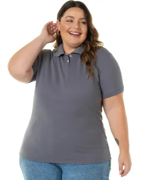 Camisa Polo Piquet Plus Size Feminina Cinza Chumbo