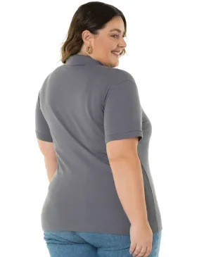 Camisa Polo Piquet Plus Size Feminina Cinza Chumbo