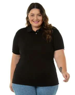 Camisa Polo Piquet Plus Size Feminina Preta