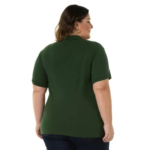 Camisa Polo Piquet Plus Size Feminina Verde Musgo