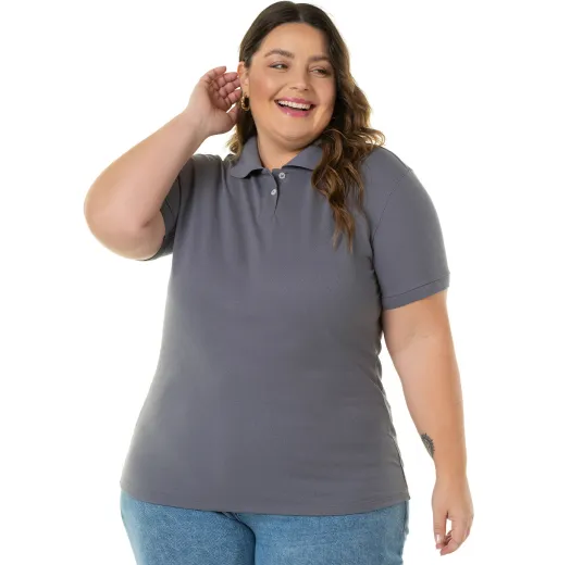 Camisa Polo Piquet Plus Size Feminina Cinza Chumbo