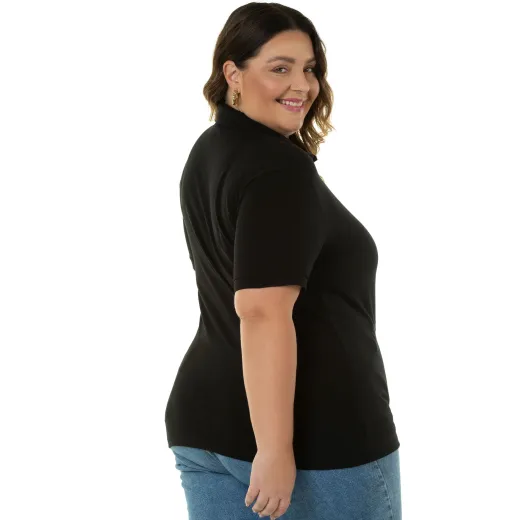 Camisa Polo Piquet Plus Size Feminina Preta
