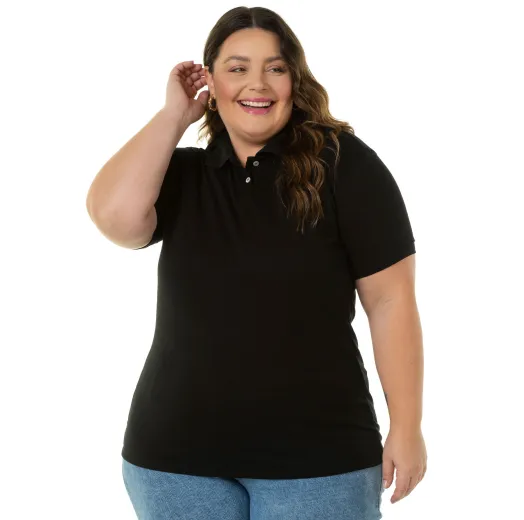Camisa Polo Piquet Plus Size Feminina Preta