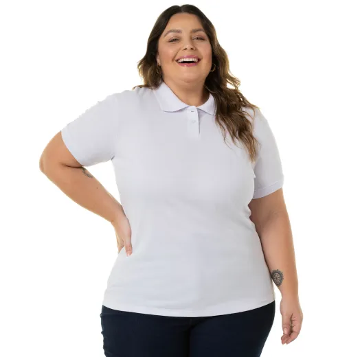 Camisa Polo Piquet Plus Size Feminina Branca