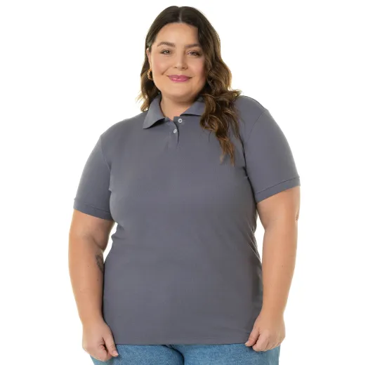 Camisa Polo Piquet Plus Size Feminina Cinza Chumbo