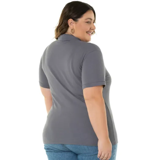 Camisa Polo Piquet Plus Size Feminina Cinza Chumbo