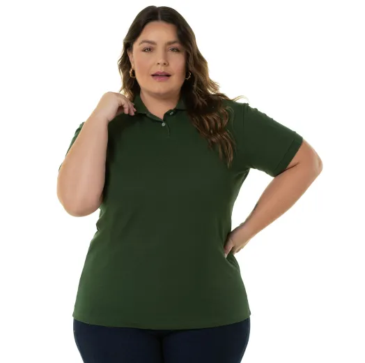 Camisa Polo Piquet Plus Size Feminina Verde Musgo