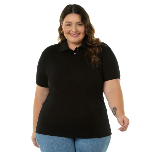 Camisa Polo Piquet Plus Size Feminina Preta