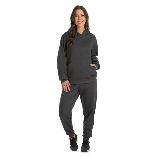Conjunto Moletom Feminino com Capuz Preto Mescla 06