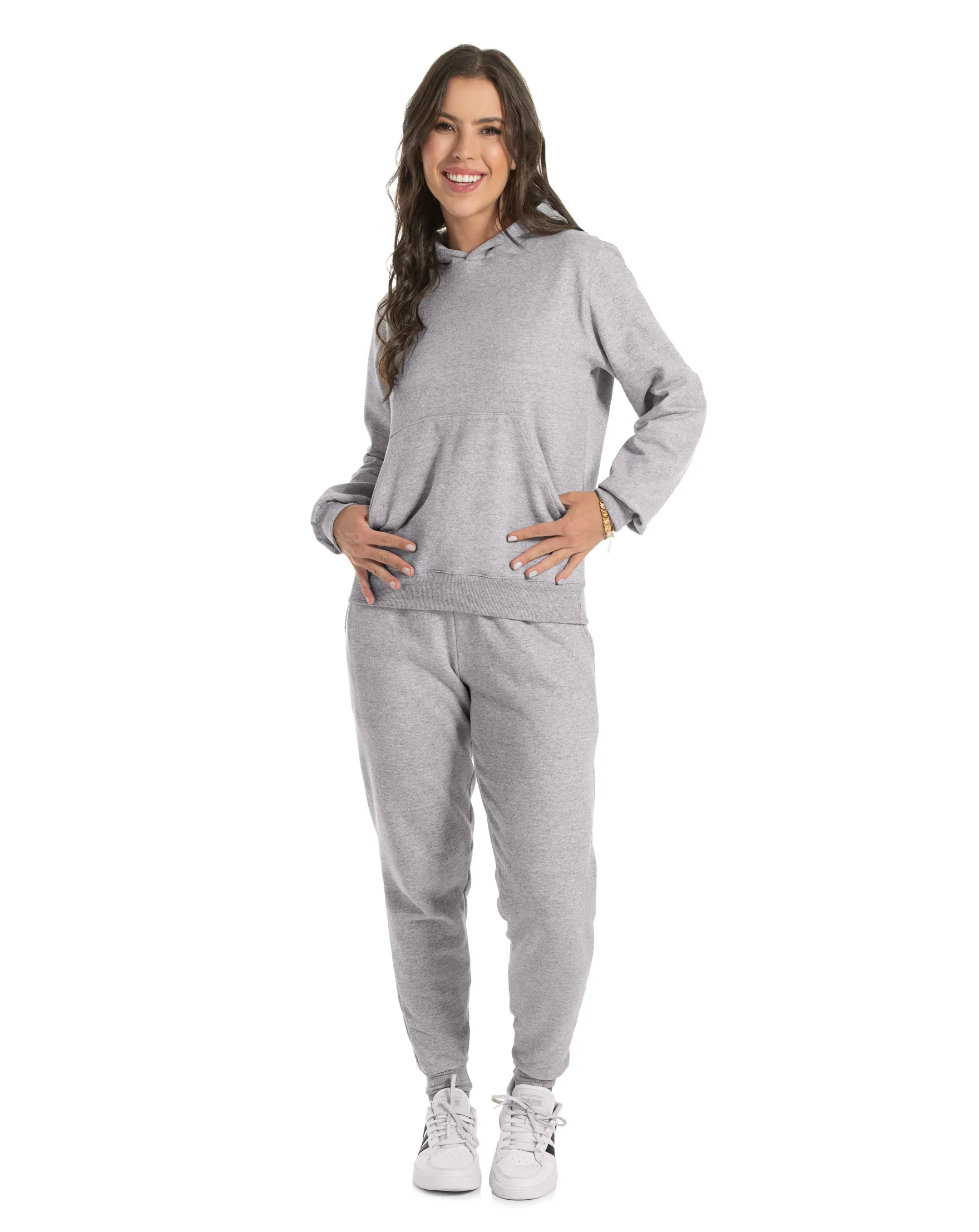 Conjunto Moletom Feminino com Capuz Cinza Mescla