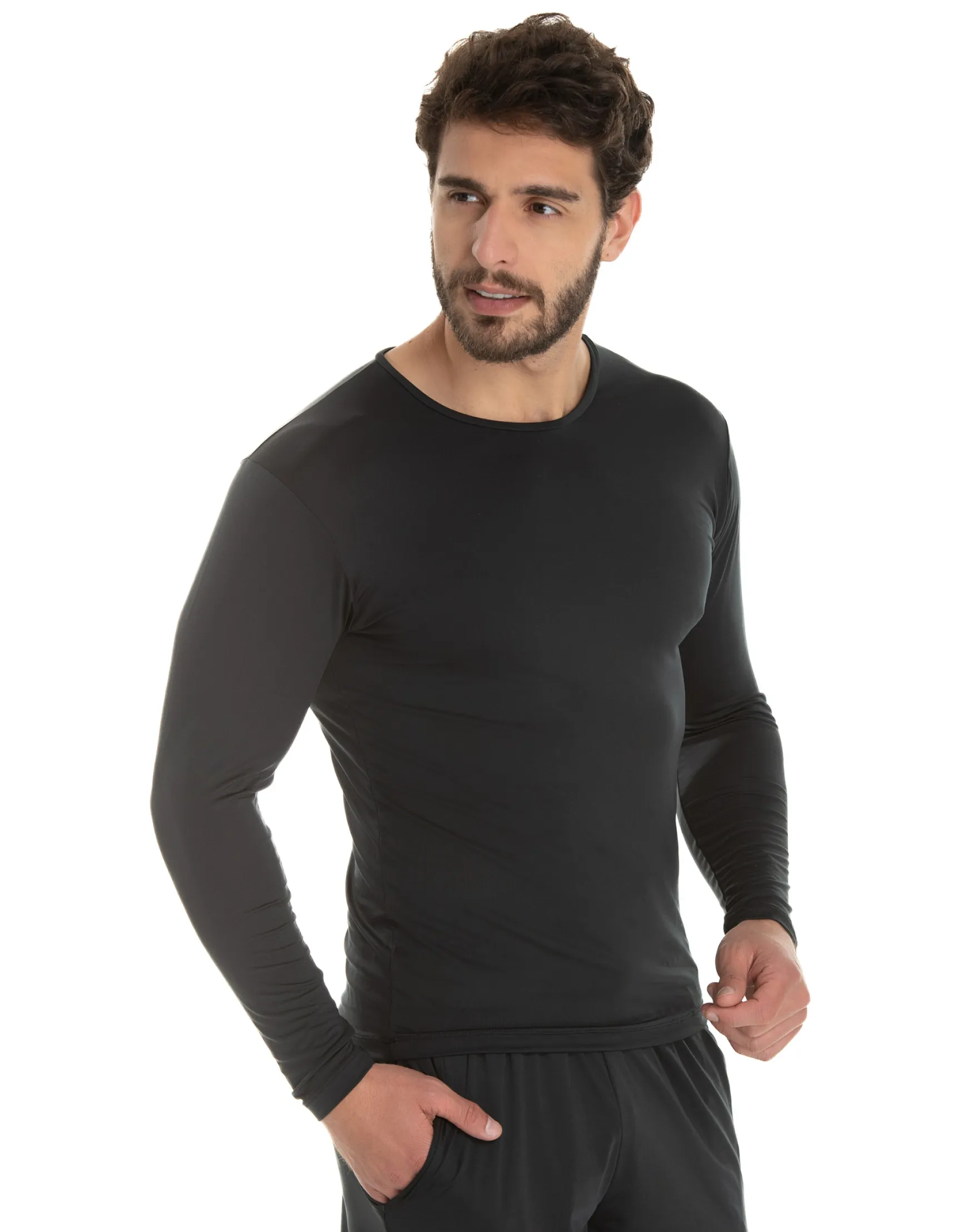 Camiseta Segunda Pele Manga Longa Masculina Preta UV 50+