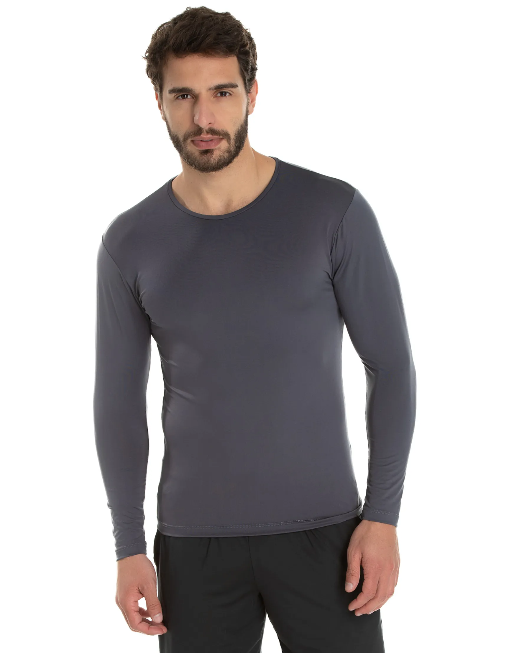 Kit 3 Camisetas Segunda Pele Manga Longa Masculina Cinza Chumbo UV 50+