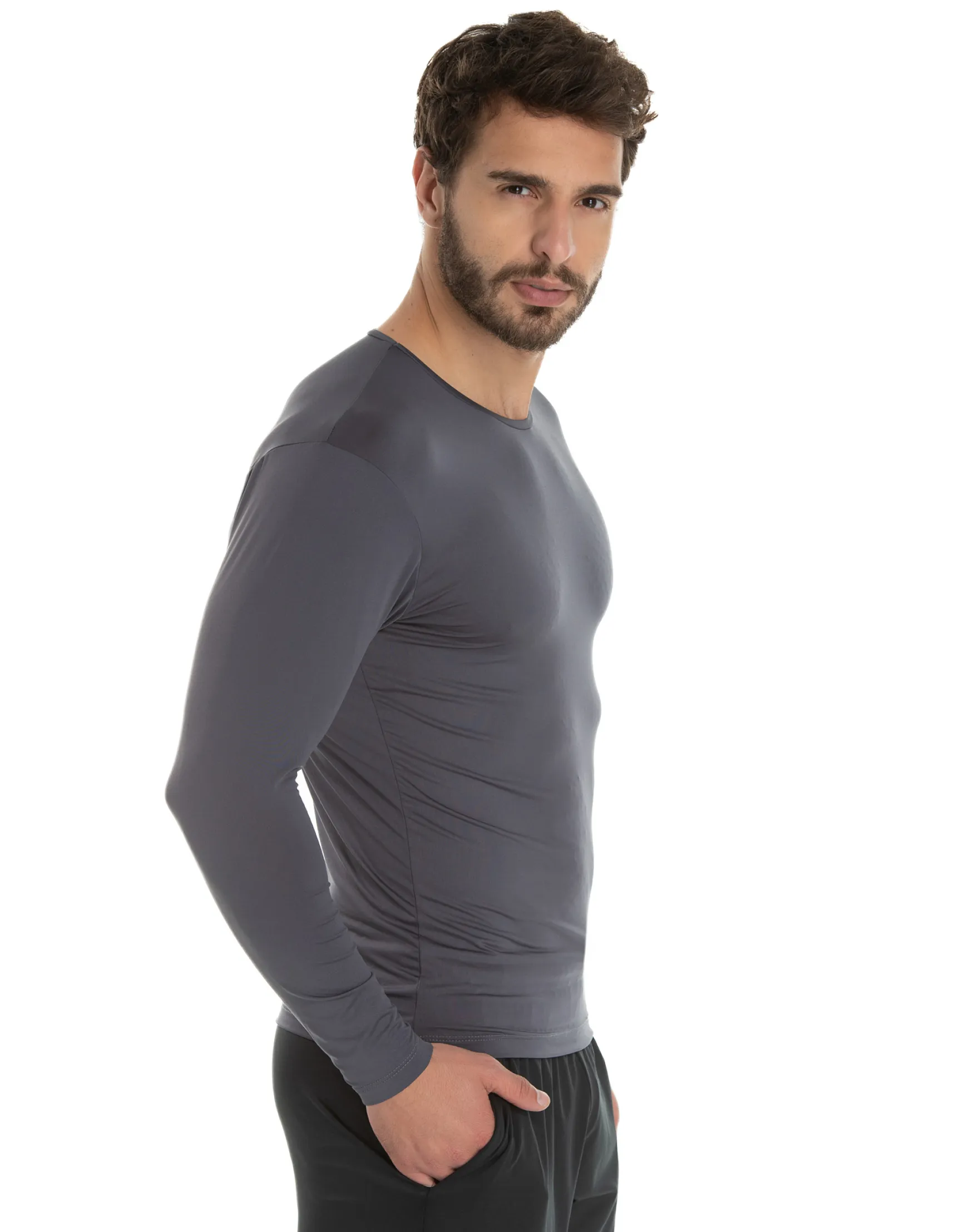 Kit 3 Camisetas Segunda Pele Manga Longa Masculina Cinza Chumbo UV 50+