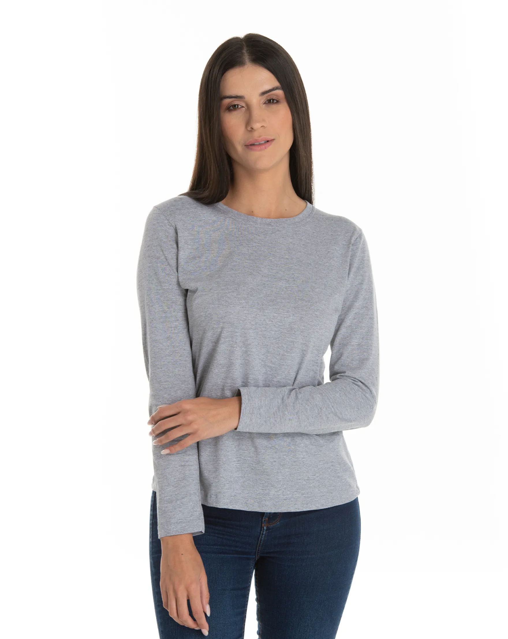 Camiseta Feminina Manga Longa de Algodão Premium Cinza Mescla