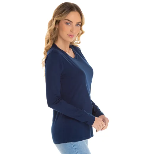 Camiseta Feminina Manga Longa de Algodão Premium Azul Marinho